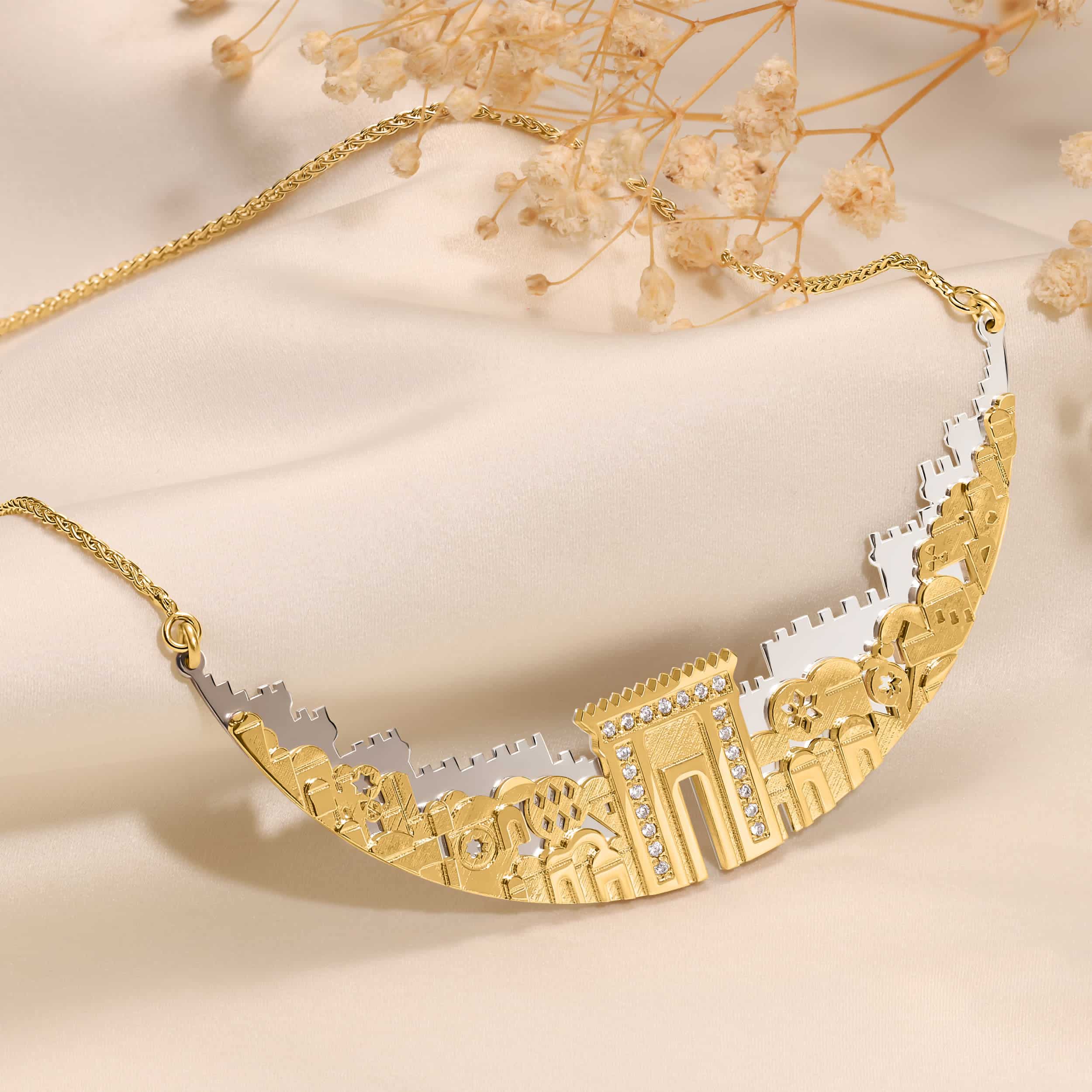תליון ירושלים של זהב - חומות - משובץ יהלומים